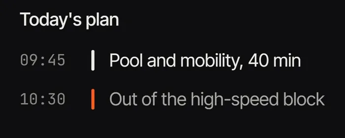 Today’s plan, if confirmed: 09:45 pool and mobility, 40 min; 10:30 out of the high-speed block.