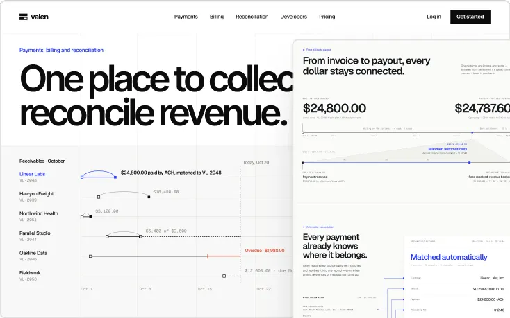 Valen website homepage: “One place to collect, bill and reconcile revenue.” with a receivables timeline.