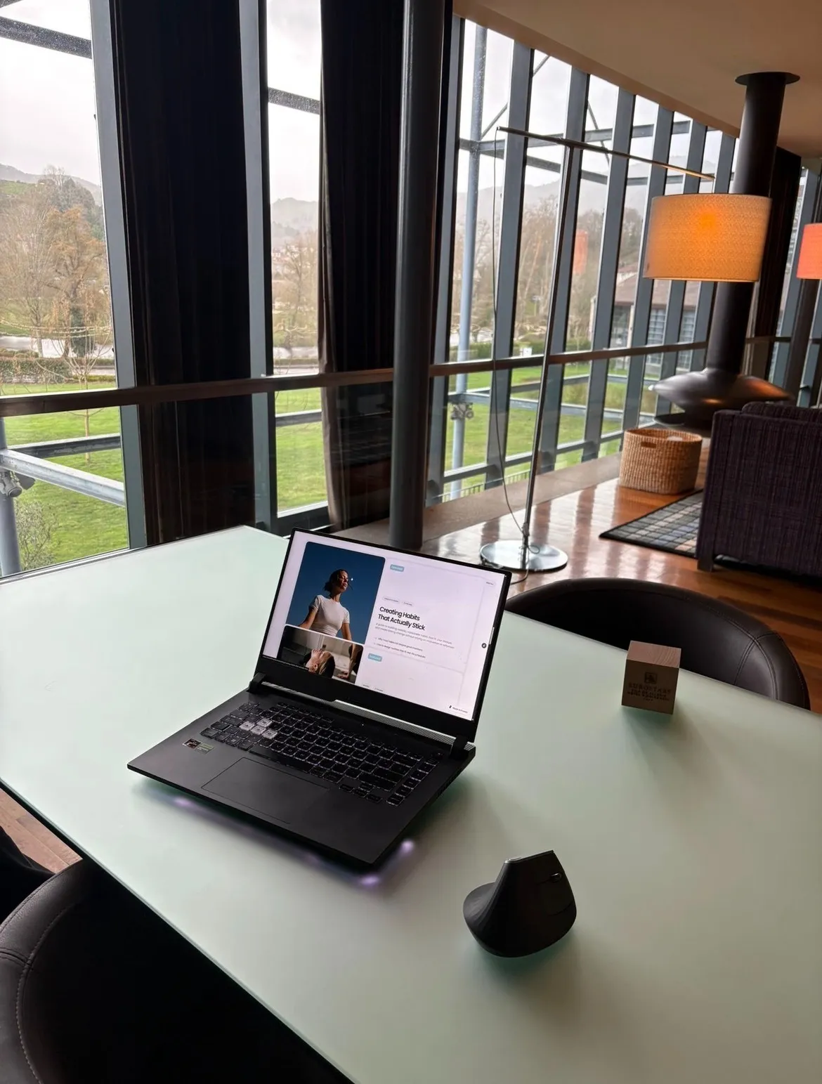 Laptop and mouse on a pale desk by tall windows, looking out over green hills on a grey day.